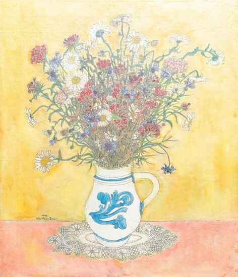 Kho Kiem Bing (Vietnam, 1917 ), ink and oil on canvas: A still life of flowers in a Westerwald jug, dated 1944