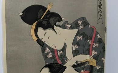Kitagawa Utamaro Japanese Woodblock Print Hairdressing