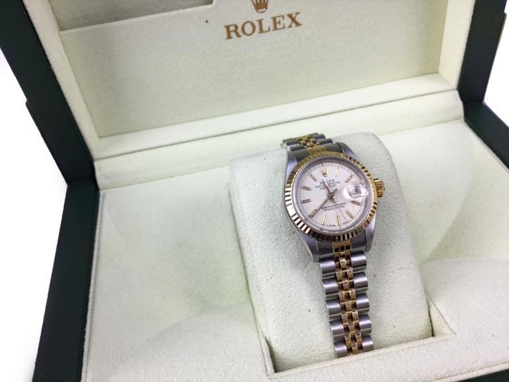 LADY'S ROLEX OYSTER PERPETUAL DATEJUST STAINLESS STEEL BI COLOUR...