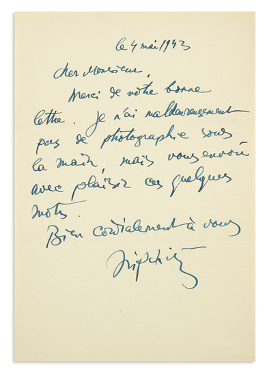LIPCHITZ, JACQUES. Brief Autograph Letter Signed, "Lipchitz," to "Dear Sir," in French: "Thank...