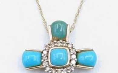 Ladies 14K Yellow Gold Turquoise Cross Necklace