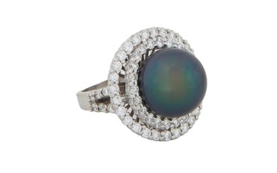 Lady's 18K White Gold Tahitian Pearl and Diamond Dinner Ring, Total Diamond Wt.- 2.33 cts., Size- 7