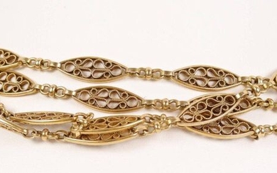 Large gold filigree necklace (750). L: 154 cm, Weight: 73.4 gr.