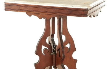 Late Victorian Marble Top Walnut Lamp Table, Late 19th to Early 20th Century