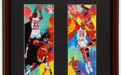LeRoy Neiman "Michael 'Air' Jordan" Set of (2) Custom Framed Prints Display with (3) VIntage Chicago Bulls Championship Pins