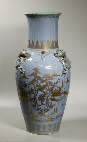 Lg Chinese Blue Porcelain Vase Gold Landscape
