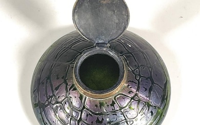 Loetz Style Art Nouveau Art Glass Inkwell Brass Lid