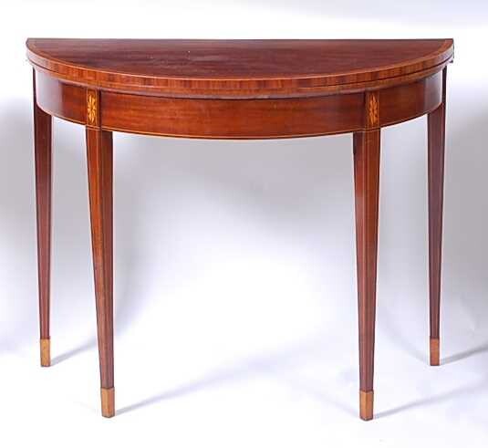 * A Sheraton period mahogany and inlaid demi-lune tea table
