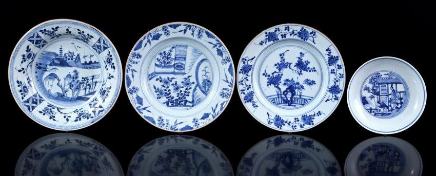 Lot of 4 various porcelain dishes with blue decor