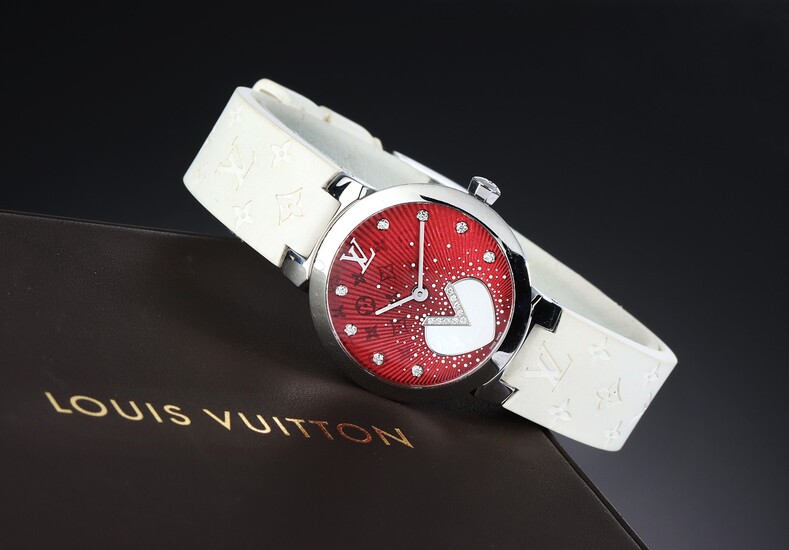 Louis Vuitton 'Tambour Rose'. Women's watch in steel with diamond-set disc - box + certificate. 2016