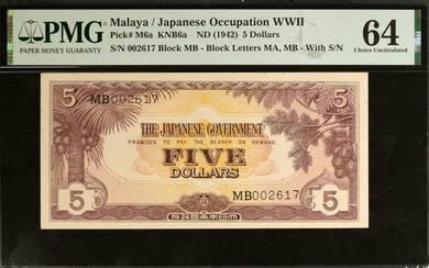 MALAYA. The Japanese Government. 5 Dollars, ND (1942). P-M6a. PMG Choice Uncirculated 64.