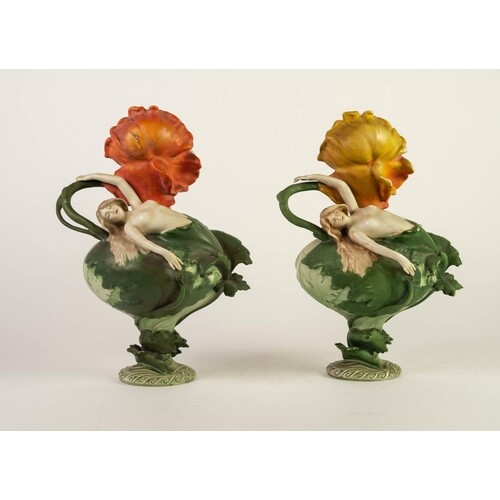 MATCHING PAIR OF ROYAL DUX STYLE FIGURAL PEDESTAL ORNAMENTS,...