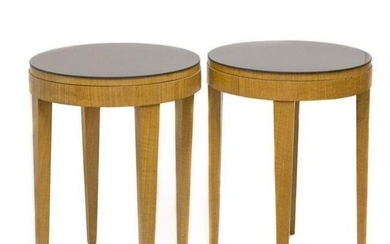 MCM Round End Tables with black glass tops