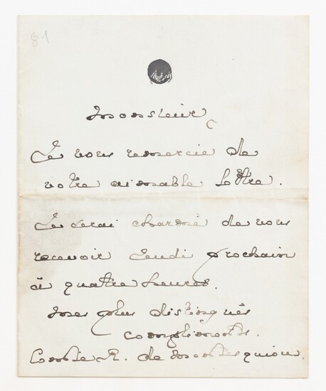 MONTESQUIOU, Robert de. Lettre à Marcel Proust (?). Avril 1893. Invitation peu après leur première rencontre.