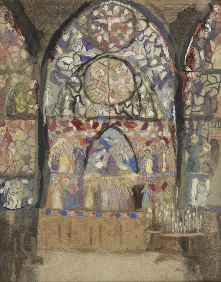 Mabel Maugham Beldy, British 1874-1972 - Design for a stained glass window; fabric collage and opaque watercolour on canvas, signed lower right 'Beldy', 44.3 x 35.5 cm (ARR) Provenance: Bonhams, Oxford, 5th November 2014, lot 140 (part lot);...