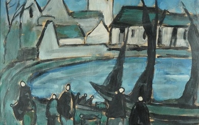 Manner of Markey Robinson - Figures beside water with boats ...