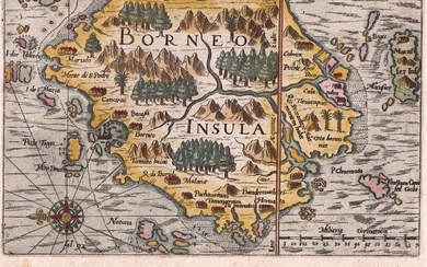 [Maps, plans and views]. "Borneo Insulae Descriptio". Handcol. engr. map...