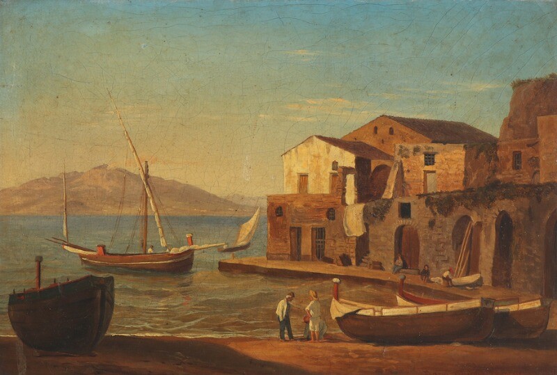 María Isabel de Borbón y Borbón-Parma: View from Naples with Vesuvius in the background. Signed Maria Isabella di Borbone. Oil on canvas. 22×32 cm.