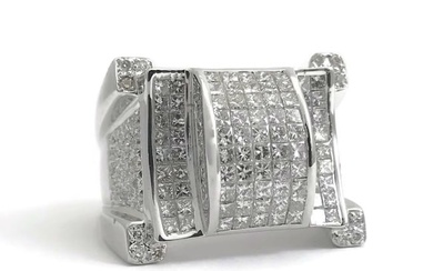 Men's Princess Diamond Invisible Set Ring 14K White Gold, 2.60 CTW, 21.14 Grams