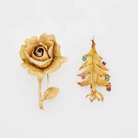 Merrin Paris Gold, Diamond, Ruby and Emerald Christmas Tree Brooch and Gubelin Gold and Diamond Rose Clip-Brooch