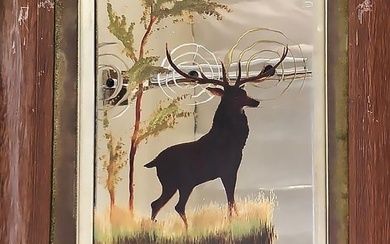 Mid-Century Modern Hand Painted Buck on Mirror with Walnut Frame