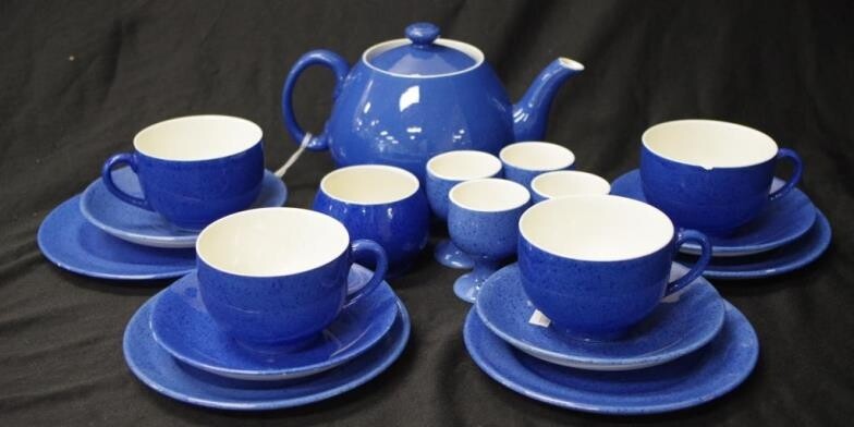 Moorcroft 'Powder Blue' part tea set including: teapot, 4...