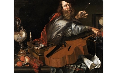 Niederländischer Maler des 17. Jahrhunderts, Stillleben mit Nautilus, trinkendem Musiker und Schachspiel