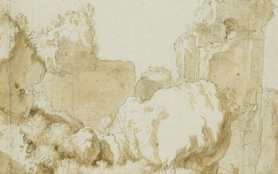 Northern European School, early 18th century- Study of a ruin with woodland and figures on a path; pencil and brown wash on laid paper, inscribed 'D' (lower left), 33 x 25.9 cm. Provenance: The estate of the late designer Anthony Powell.