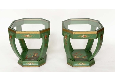 OCCASIONAL TABLES, a pair, Art Deco period green polychrome ...