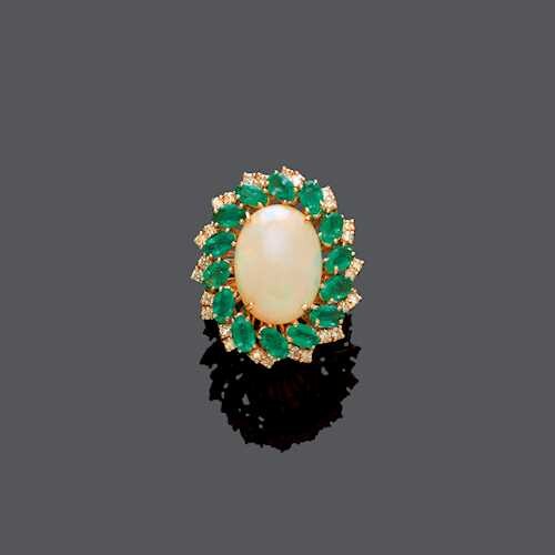 OPAL, EMERALD AND DIAMOND RING.