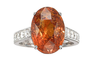 Orange Sapphire, Diamond, Platinum Ring Stones: Oval-shaped sapphire weighing...