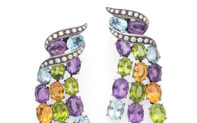 PAIR OF COLOURED GEMSTONE AND DIAMOND EARRINGS PAIRE DE BOUCLE...