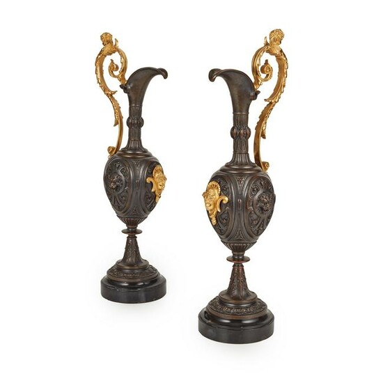 PAIR OF RENAISSANCE STYLE PATINATED AND GILT BRONZE