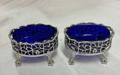PAIR VICTORIAN SILVER OVAL SALTS WITH PIERCED DECORATION, BL...