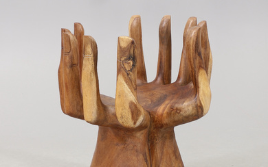 PEDRO FRIEDEBERG. Sculpture, mahogany, cupped hands, signed.