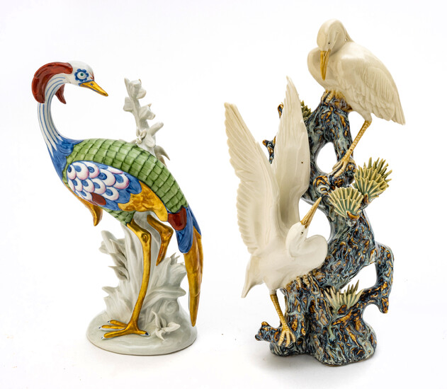 PORCELAIN FIGURES, TWO H 10.5", 12' STORK AND CRANE