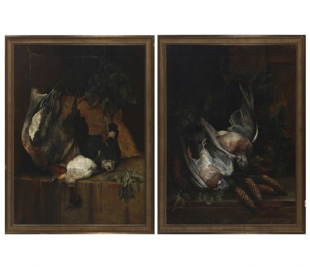 Painter unknown, 19th century: Two still lives with hunting prey. Signed B. M. Two oil on canvas. 75×5 cm. (2)