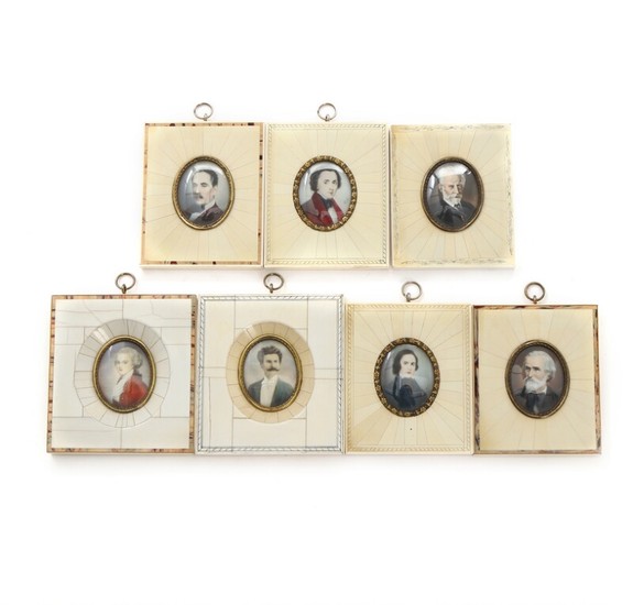 Painters unknown, 19th-20th century: Seven miniature portraits depicting componists. Gouache on bone. In bone frames. Frame size 10×8.5–11×10 cm. (7)