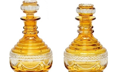 Pair Bohemian Amber Cut to Clear Glass Decanters circa 1900