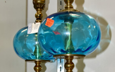 Pair Brass and Blue Glass Lamps