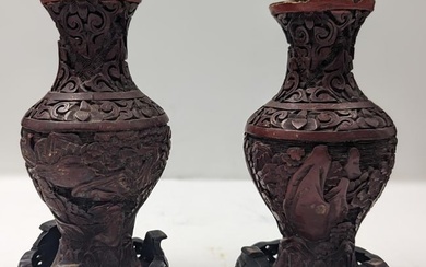 Pair Of Antique Chinese Cinnabar Vases With Wooden Stands