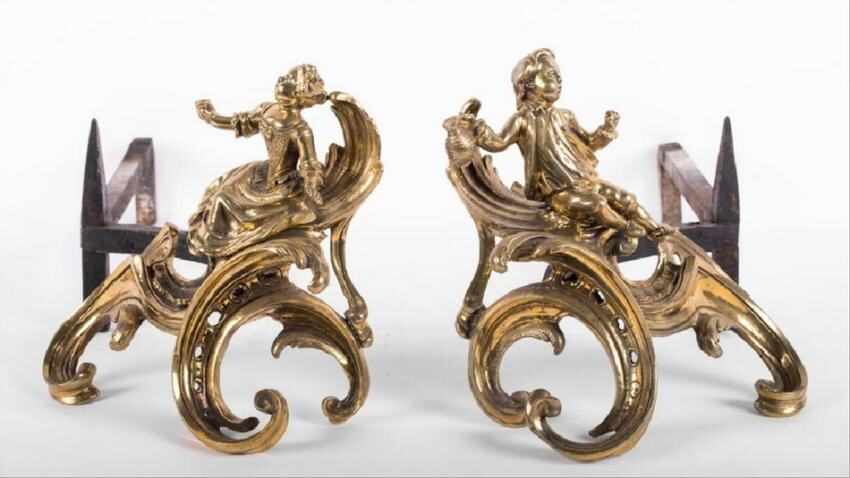 Pair Of French Rococo Gilt Bronze Figural Chenets
