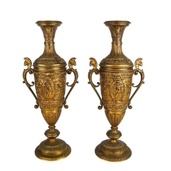 Pair Relief Decorated Brass Vases