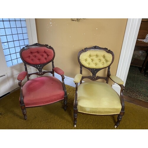 Pair of 19th. C. upholstered mahogany ladies open armchairs ...