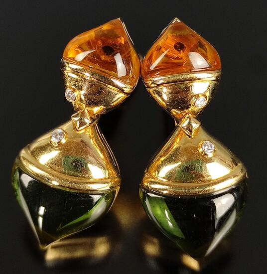 Pair of Bulgari earrings, with citrine and peridot, each with two small diamonds, signed, 750/18K y