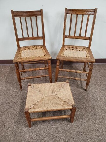 Pair of Cane Seated Chairs & Ottoman