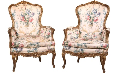 Pair of Louis XV Style Giltwood Bergeres