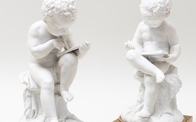 Pair of Paris Biscuit Figures 'LEnfant Lisant' and 'L'Enfant Dessinant', After Charles Sauvage
