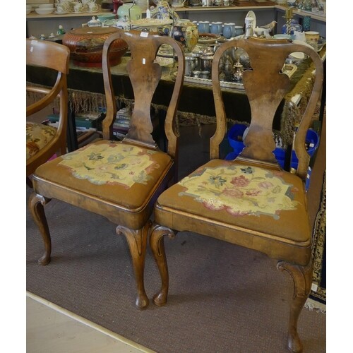 Pair of Queen Anne Style Walnut Dining Chairs with Embroider...