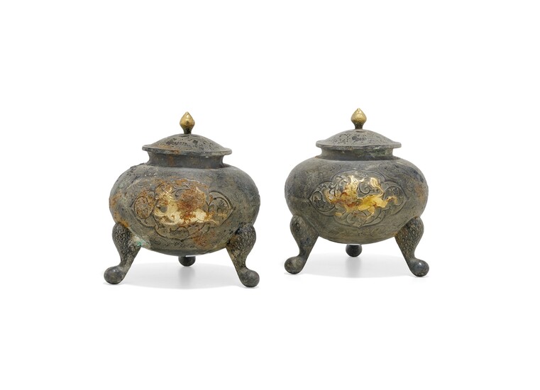 Pair of partially gilt silver tripod vessels and cover China, early 20th Century